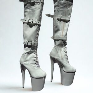 Pleaser Thigh-high Buckle Dancer Exotic Shoes Women's White High Heel Boots